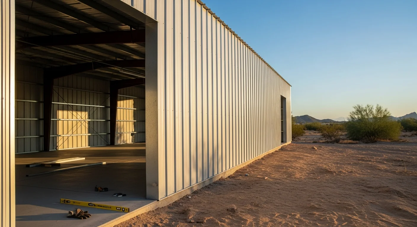Modern metal building structure under construction in Scottsdale, Arizona