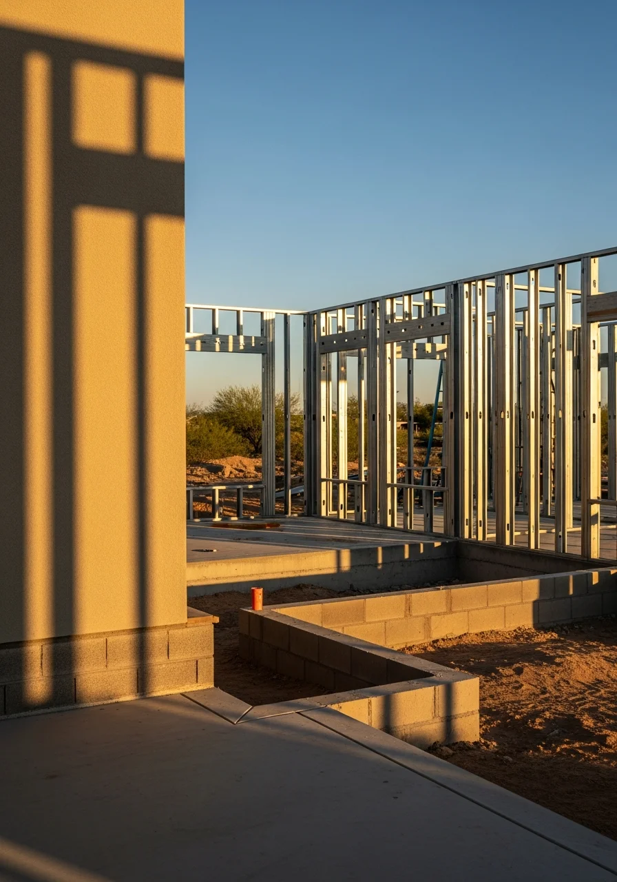 Modern residential home under construction in Glendale with metal framing and steel structure