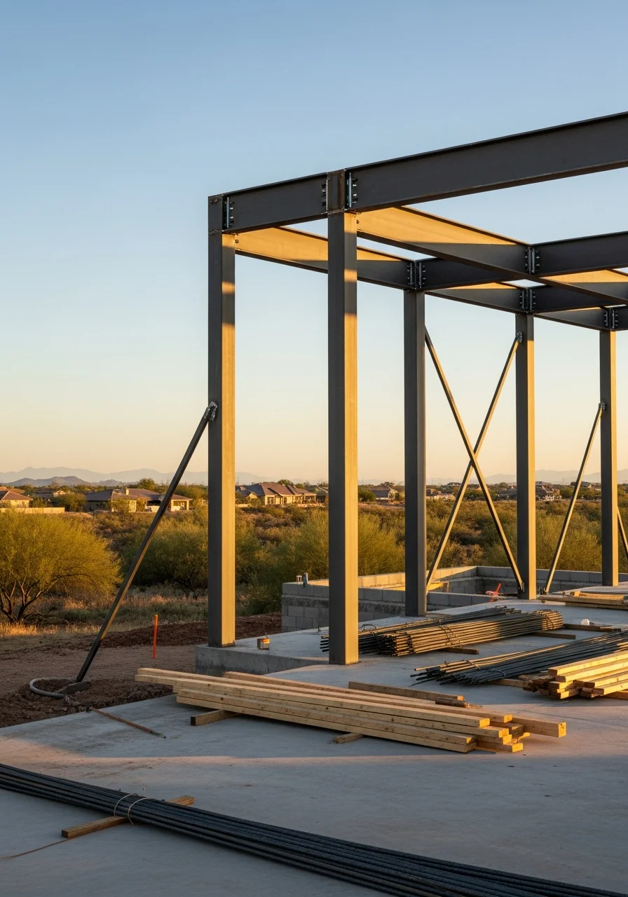 New home construction project in Guadalupe Arizona with steel framing and modern design