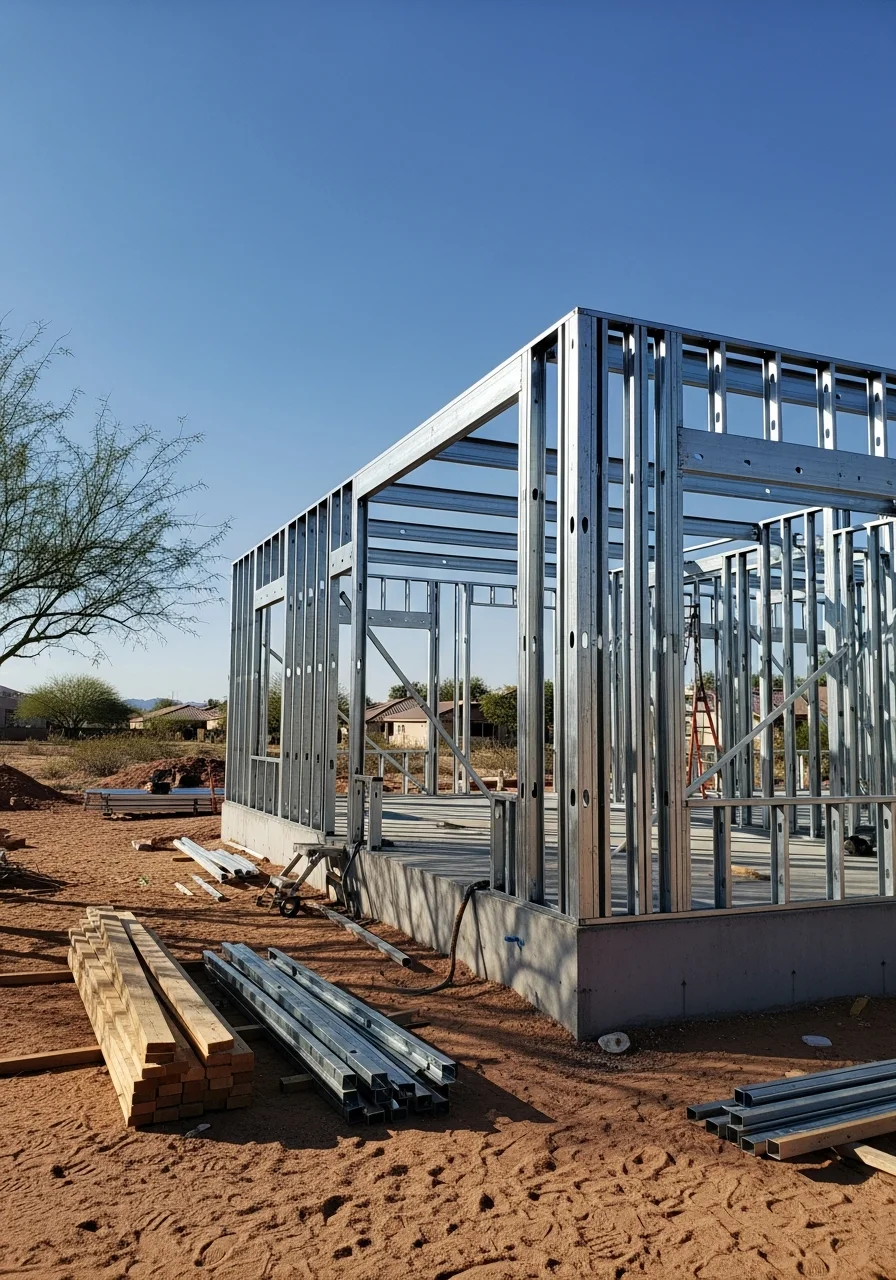 Modern residential home under construction in Mesa Arizona with steel framing and metal building materials