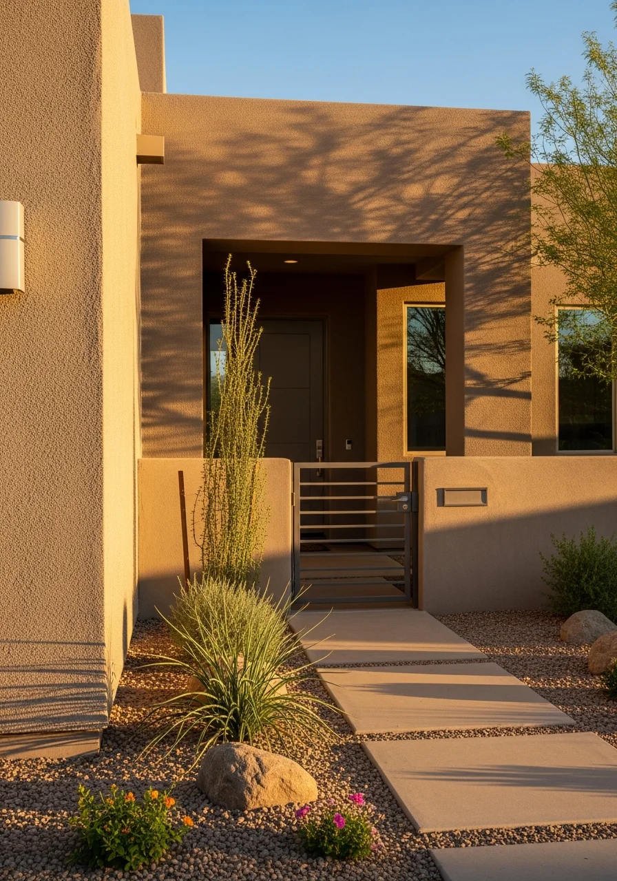 Scottsdale residential entry with contemporary design elements and manicured desert plantings.