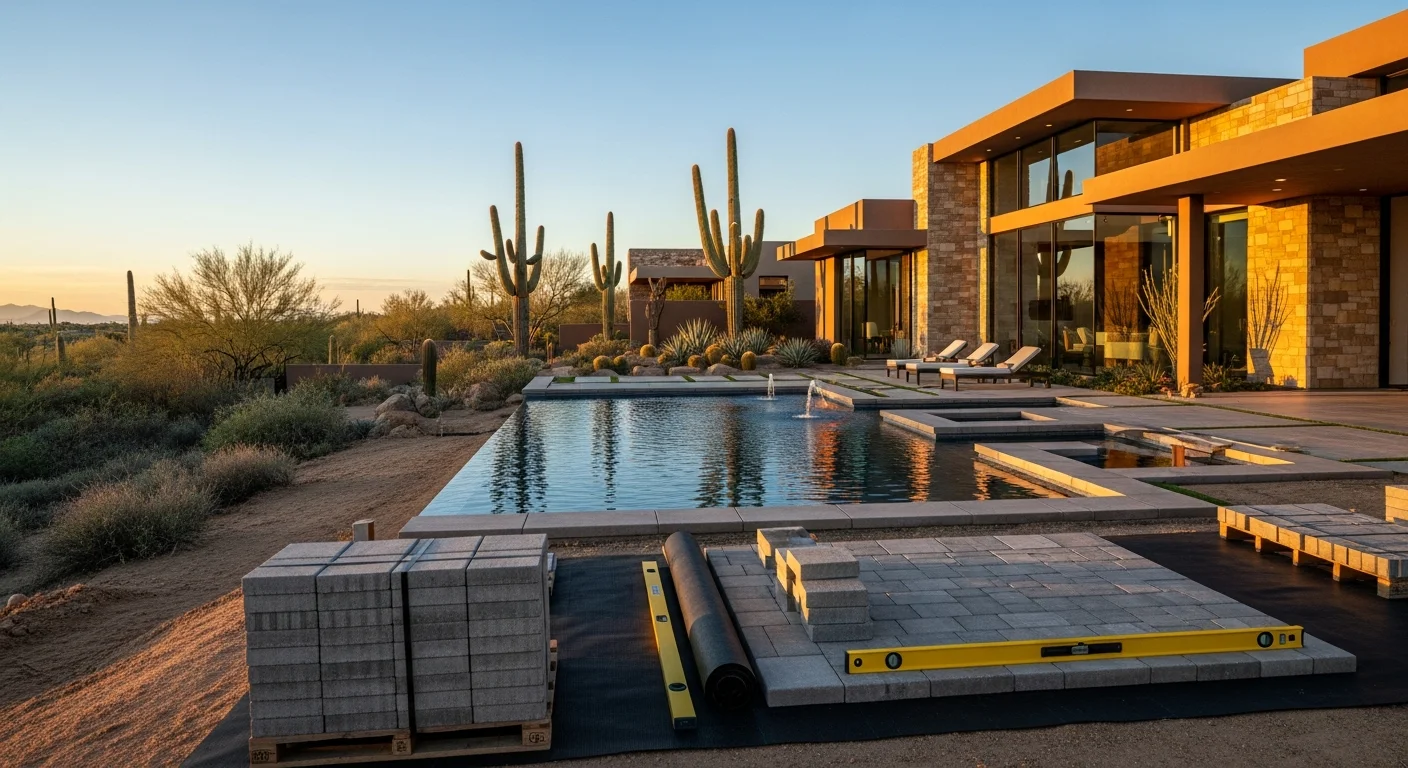 Luxury Scottsdale home with modern architecture, desert landscaping, and pool area under Arizona sunshine.