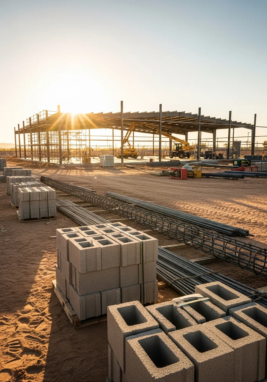 Commercial construction site in Tolleson with industrial buildings and equipment