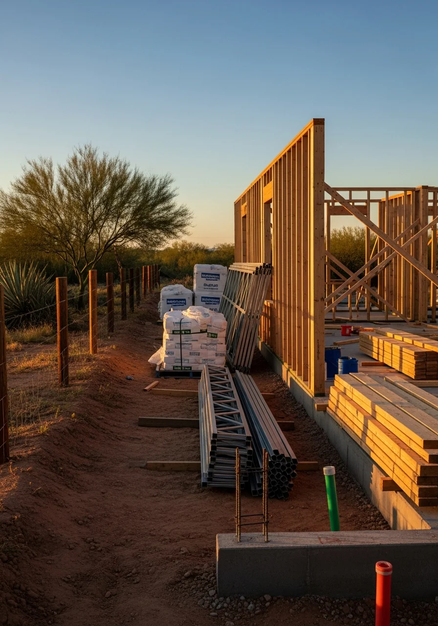 New home construction project in Youngtown with framing and metal building structure