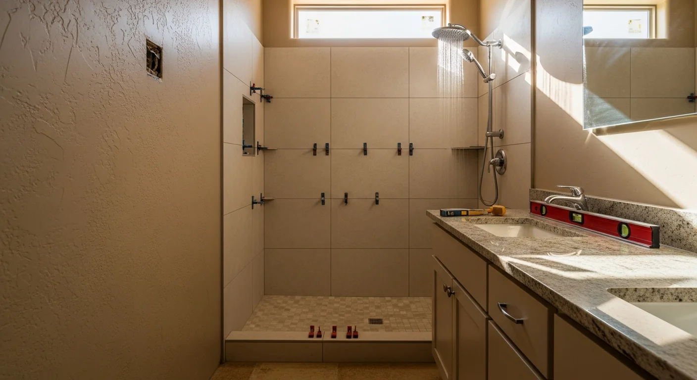 A remodeled bathroom inside a Carefree, Arizona custom home, featuring a walk-in tile shower, updated vanity, and desert-toned finishes. The space reflects the clean, high-quality style common in Carefree residential properties.
