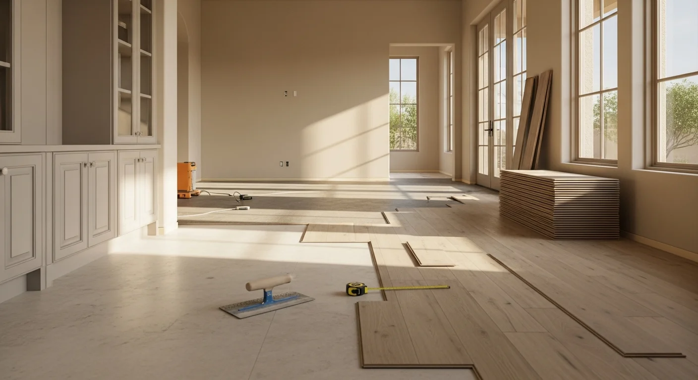 Freshly installed tile flooring in a Carefree, Arizona home interior with desert-toned walls and natural light from large windows. The floor surface is smooth and even, showing clean grout lines and no visible seams at the room edges.