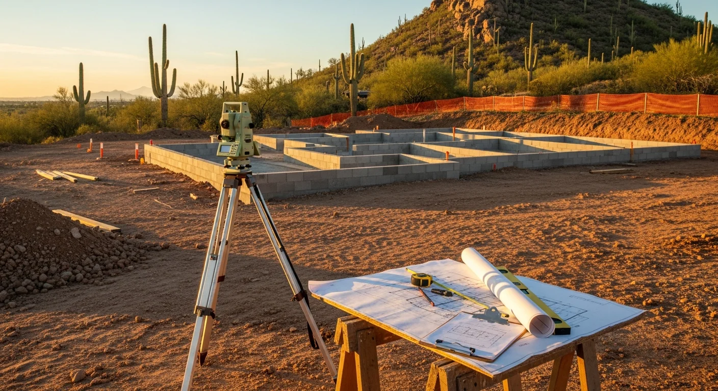 A completed custom home exterior in Scottsdale, Arizona, set against a rocky desert landscape with native saguaro cacti. The structure reflects desert-conscious construction with clean lines and a natural-tone finish.