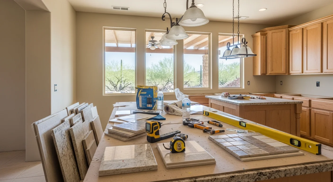 Remodeled kitchen interior in a Carefree, Arizona custom home featuring updated cabinetry, stone countertops, and an open layout that connects to the main living area. Natural light fills the space through large windows overlooking the desert landscape.