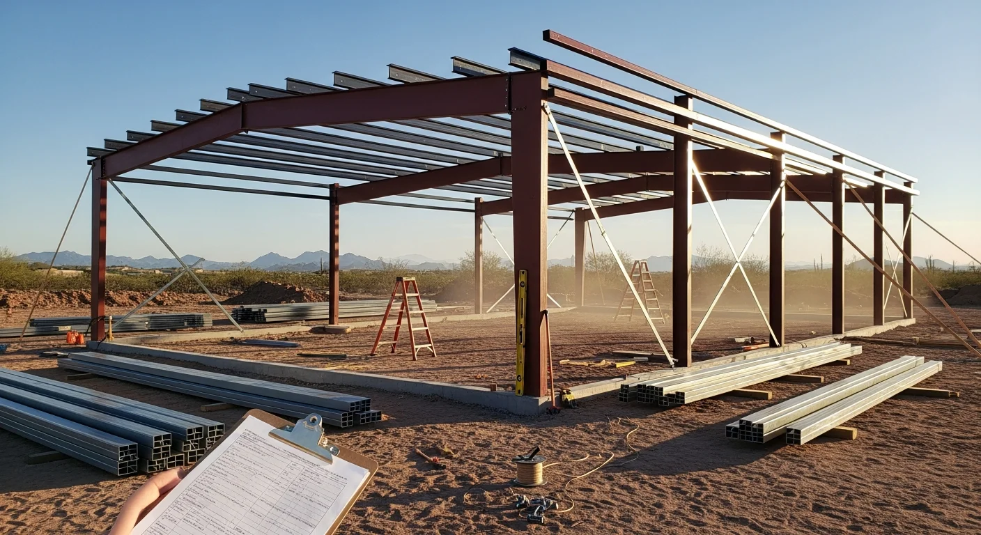 A completed metal building with steel panel walls and a standing seam roof on a desert lot in Scottsdale, Arizona. The structure sits on a concrete slab foundation with the Sonoran Desert landscape visible in the background.