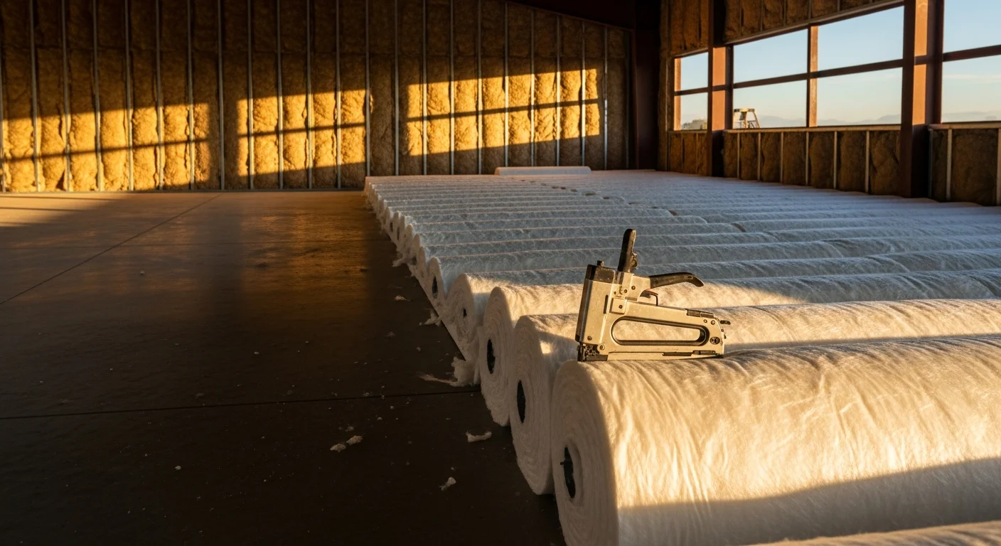 Metal building insulation installation in Scottsdale, Arizona, showing blanket insulation being fitted between steel wall panels on a commercial structure.