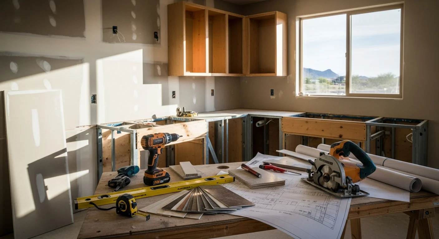Remodeled kitchen interior inside a residential home in Scottsdale, Arizona, featuring an open layout with desert-toned finishes and natural light from large windows. The updated space reflects the clean, open design style common to custom homes in the Scottsdale area.