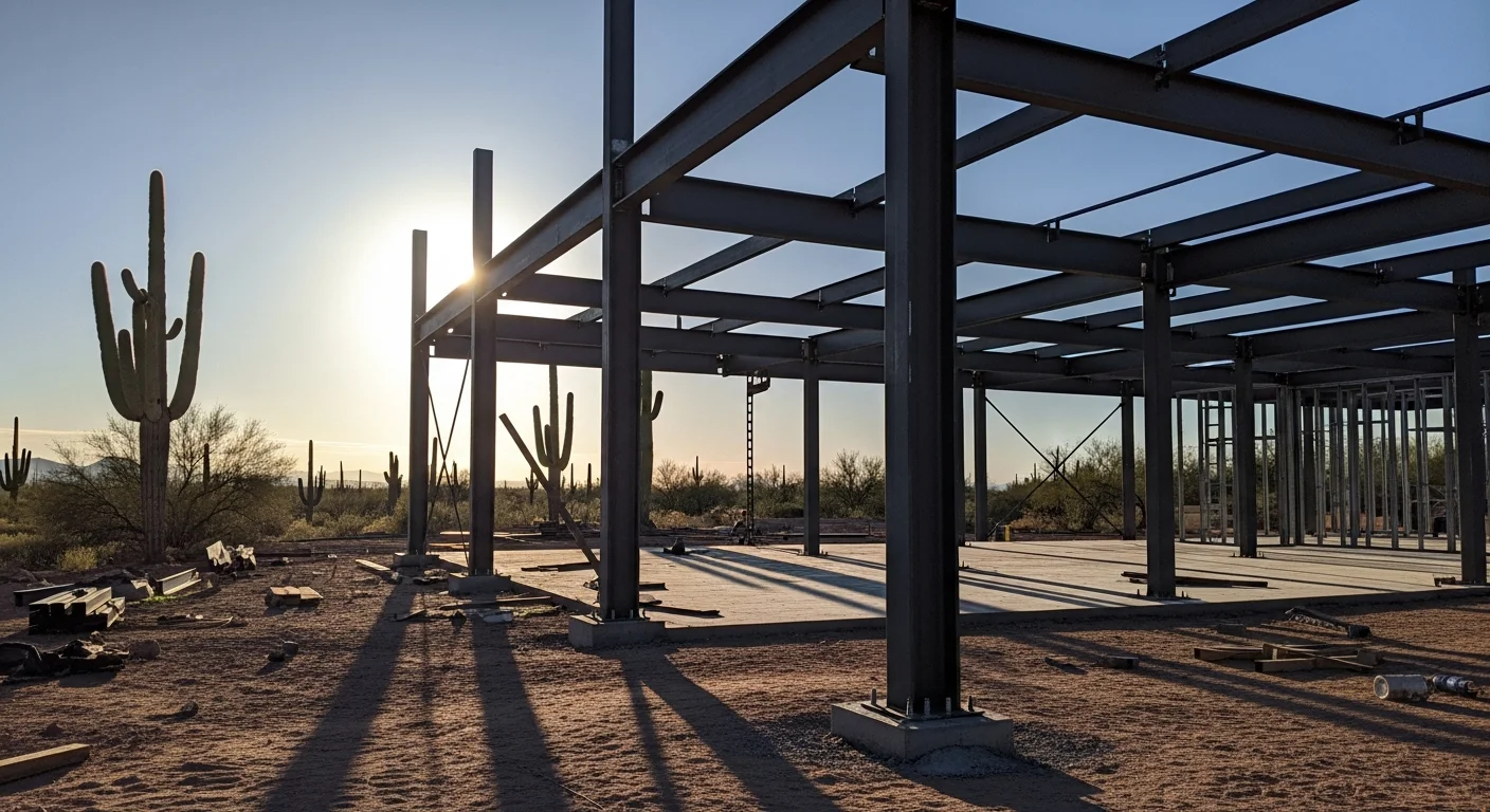 A completed steel frame commercial building structure on a desert lot in Scottsdale, Arizona, with exposed structural steel columns and clear-span framing visible against a blue sky. The surrounding landscape shows native desert terrain typical of the Scottsdale area.