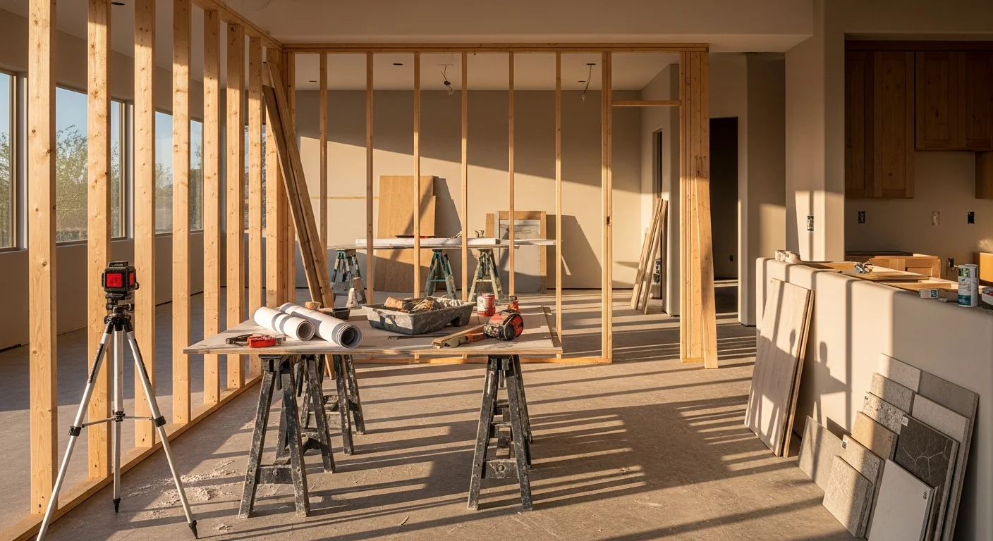A renovated open-concept interior of a Carefree, Arizona home showing updated flooring, a remodeled kitchen, and desert contemporary finishes throughout. The space reflects a whole-home renovation completed by Tickemyer Construction LLC in the high-desert setting of Carefree.